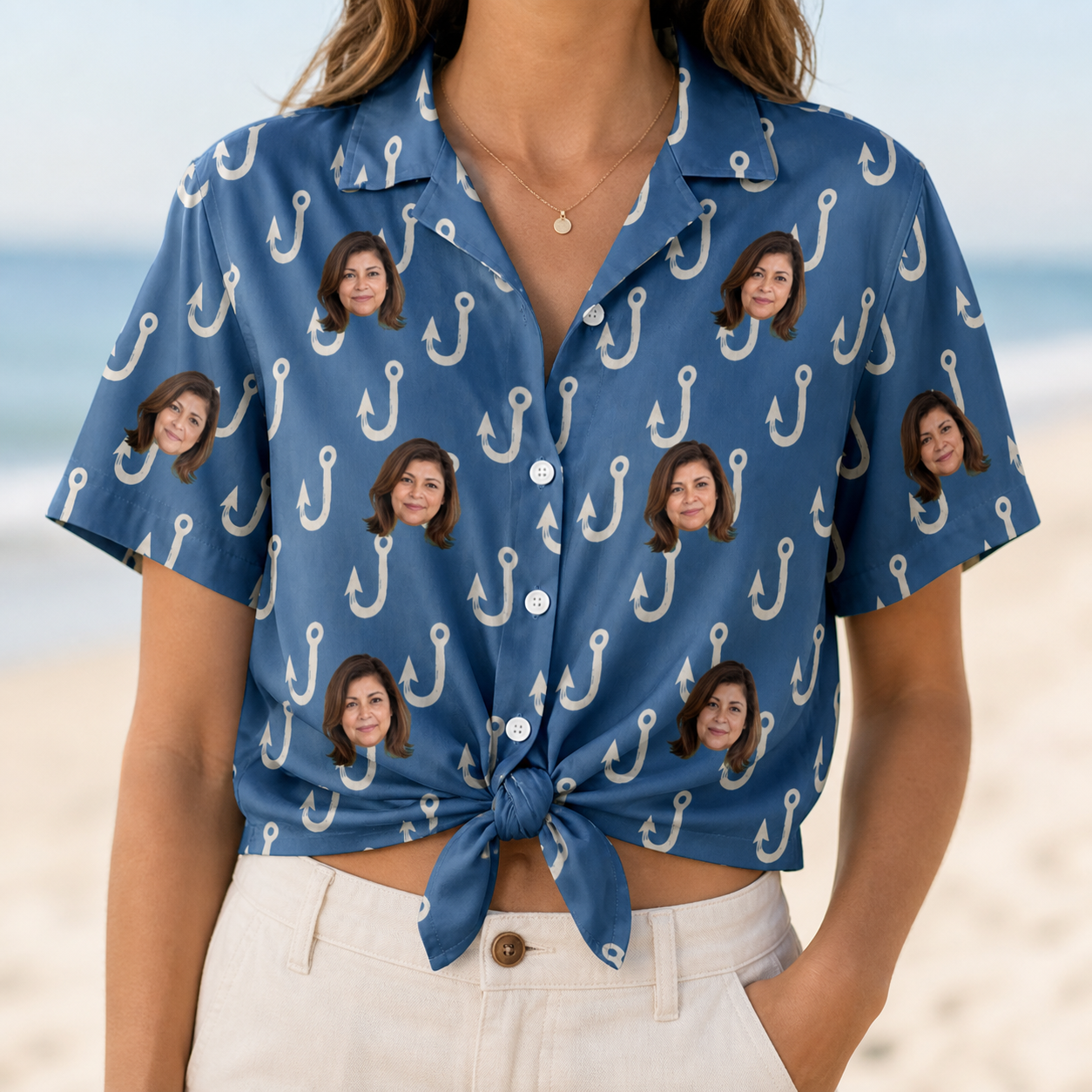 Woman wearing Women's Treble Trouble Custom Face Hawaiian Shirt tied at the waist