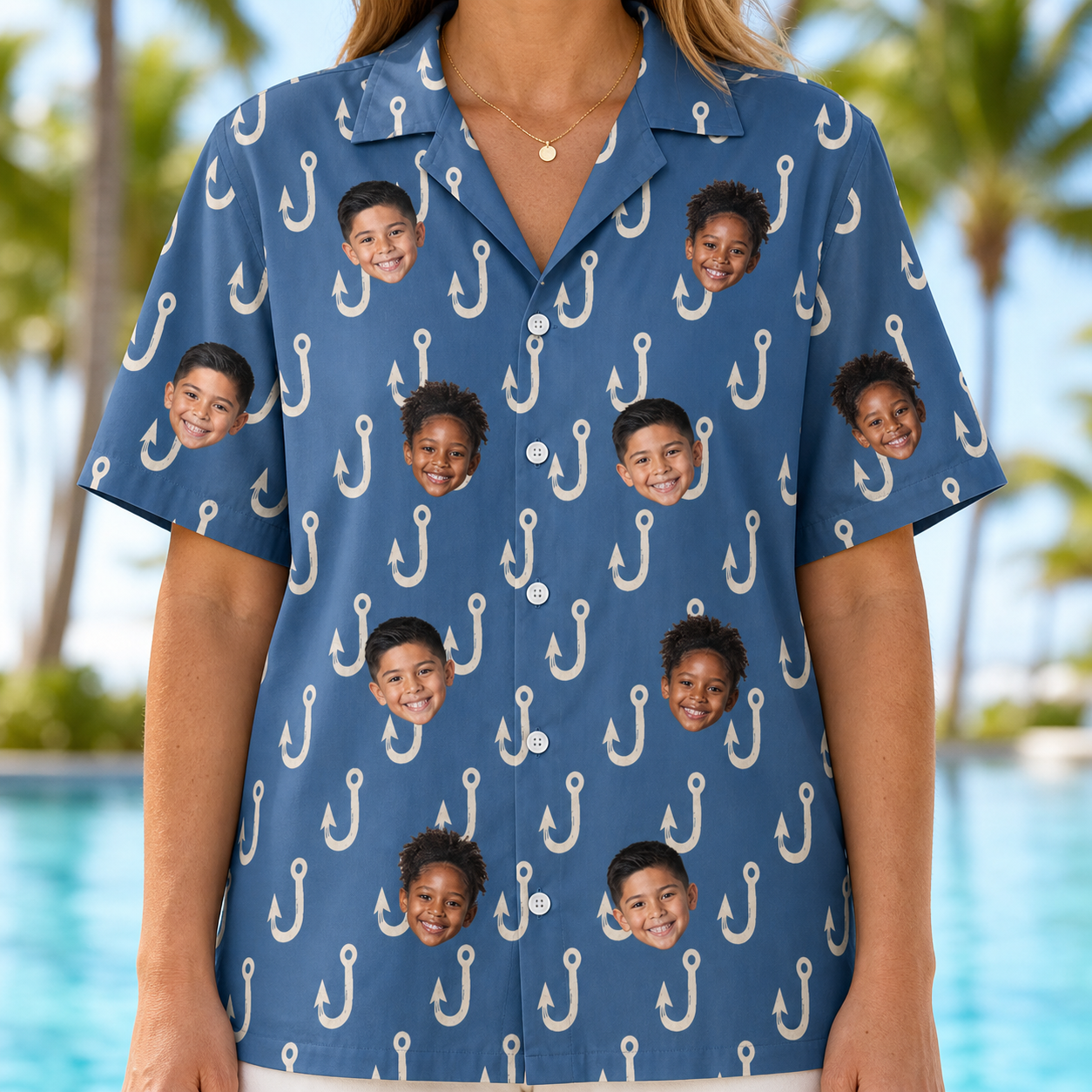 Model wearing Women's Treble Trouble Custom Face Hawaiian Shirt printed with kids' faces
