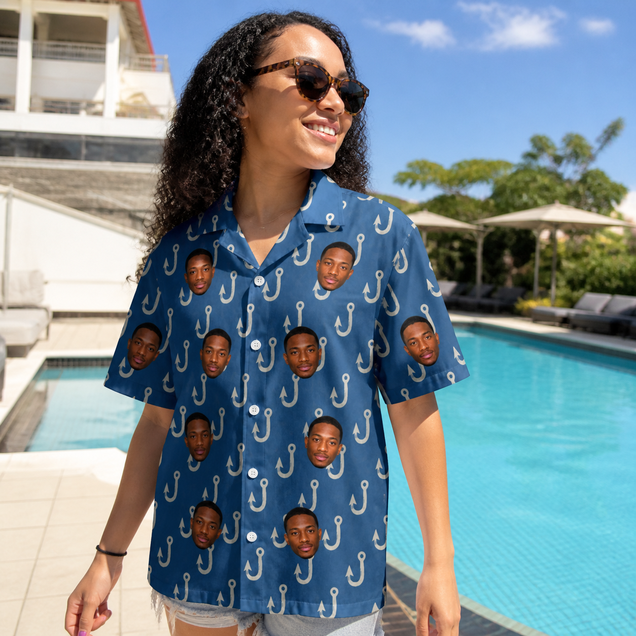 Real-life photo of someone wearing Women's Treble Trouble Custom Face Hawaiian Shirt — custom faces printed all-over