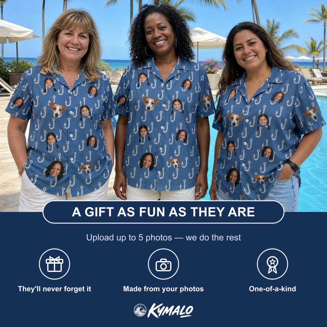 Friends in matching Women's Treble Trouble Custom Face Hawaiian Shirt — a group gift photo