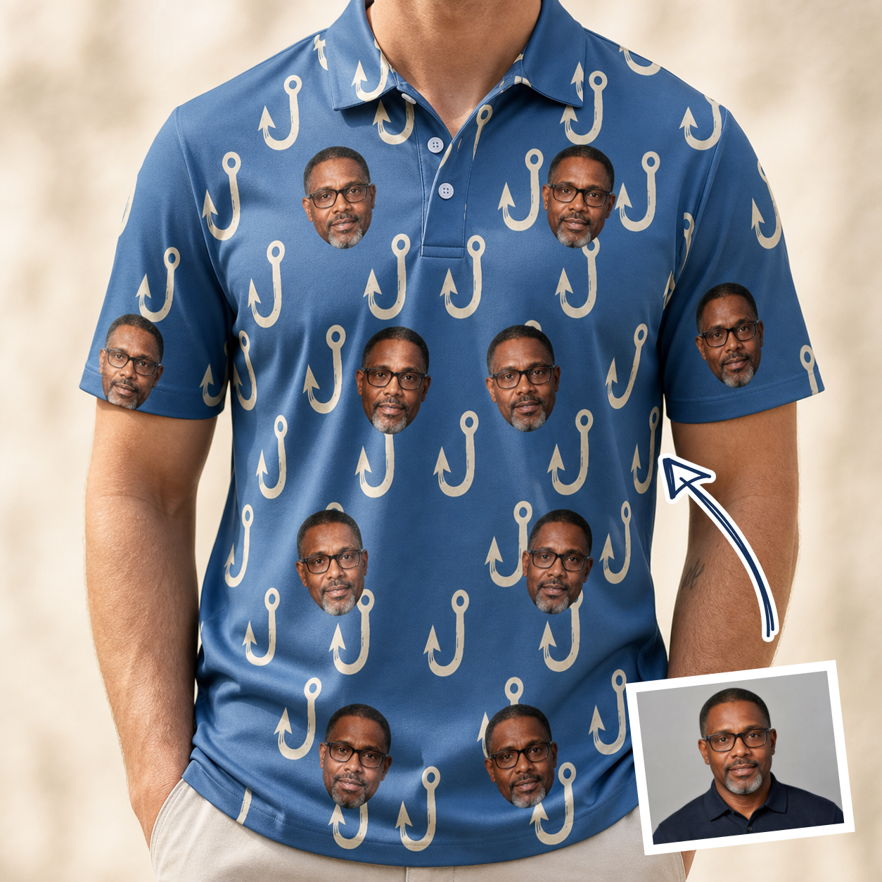 Man wearing Men's Treble Trouble Custom Face Polo Shirt — custom faces printed all-over