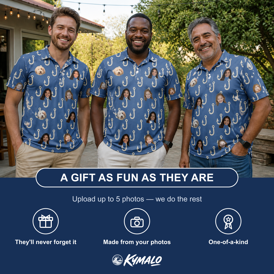 Friends in matching Men's Treble Trouble Custom Face Polo Shirt — a group gift photo