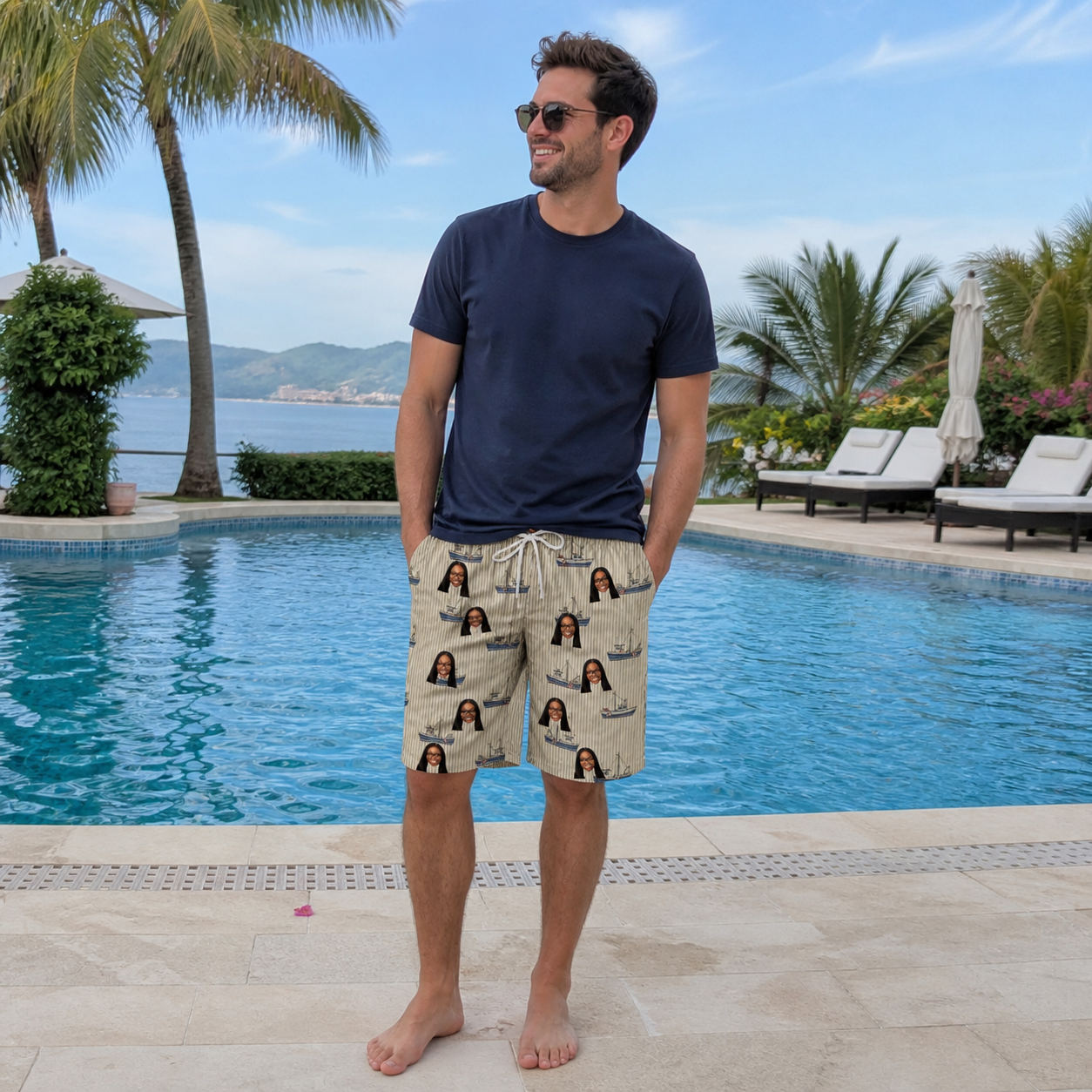Real-life photo of someone wearing Men's Dinghy Dash Custom Face Beach Shorts — custom faces printed all-over