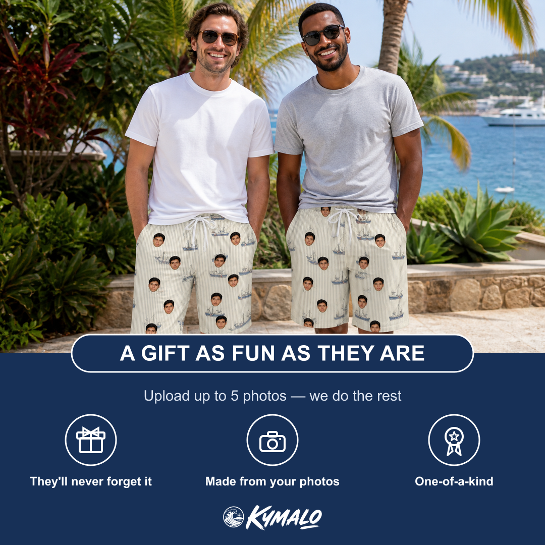 Friends in matching Men's Dinghy Dash Custom Face Beach Shorts — a group gift photo