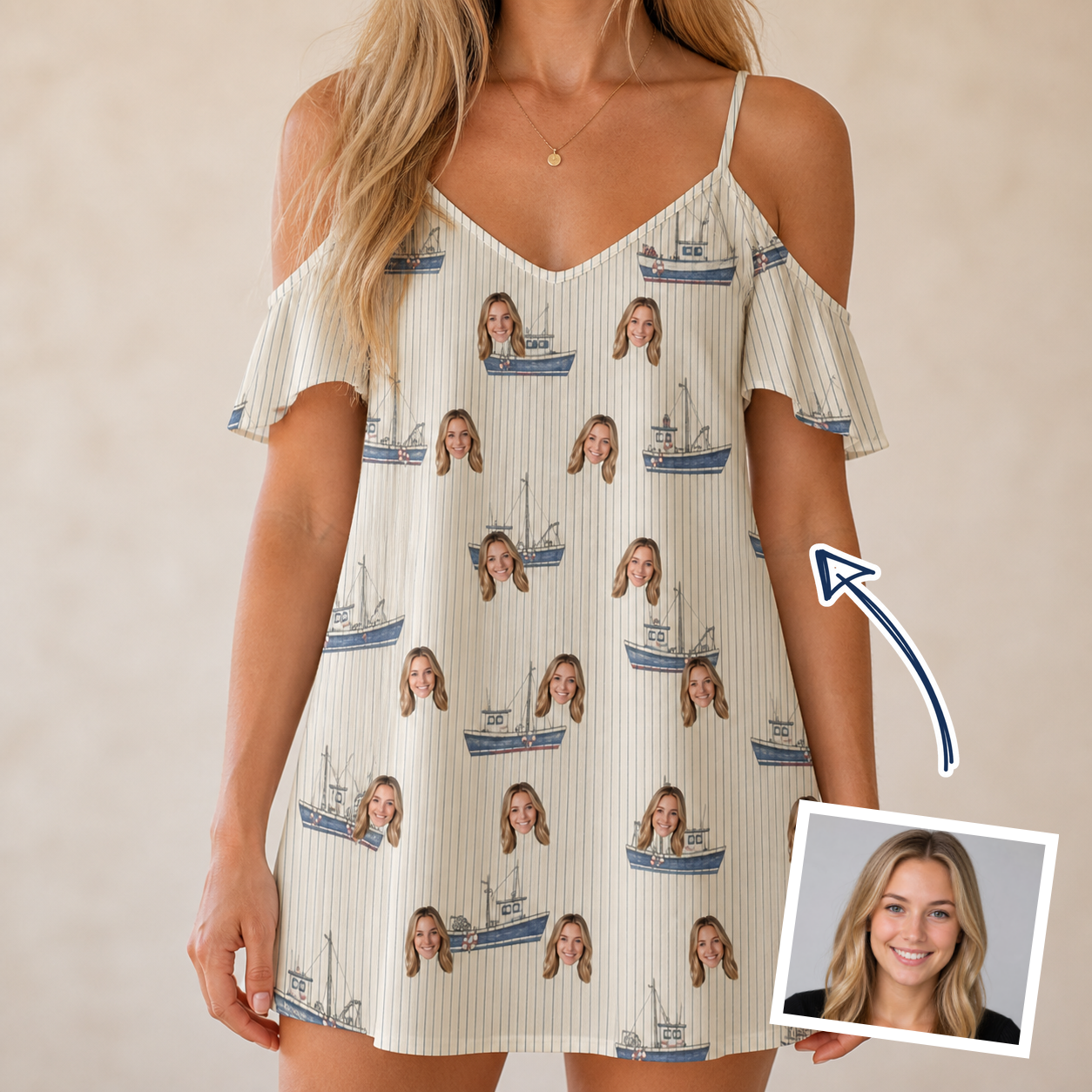 Woman wearing Women's Dinghy Dash Custom Face Off-Shoulder Dress — custom faces printed all-over