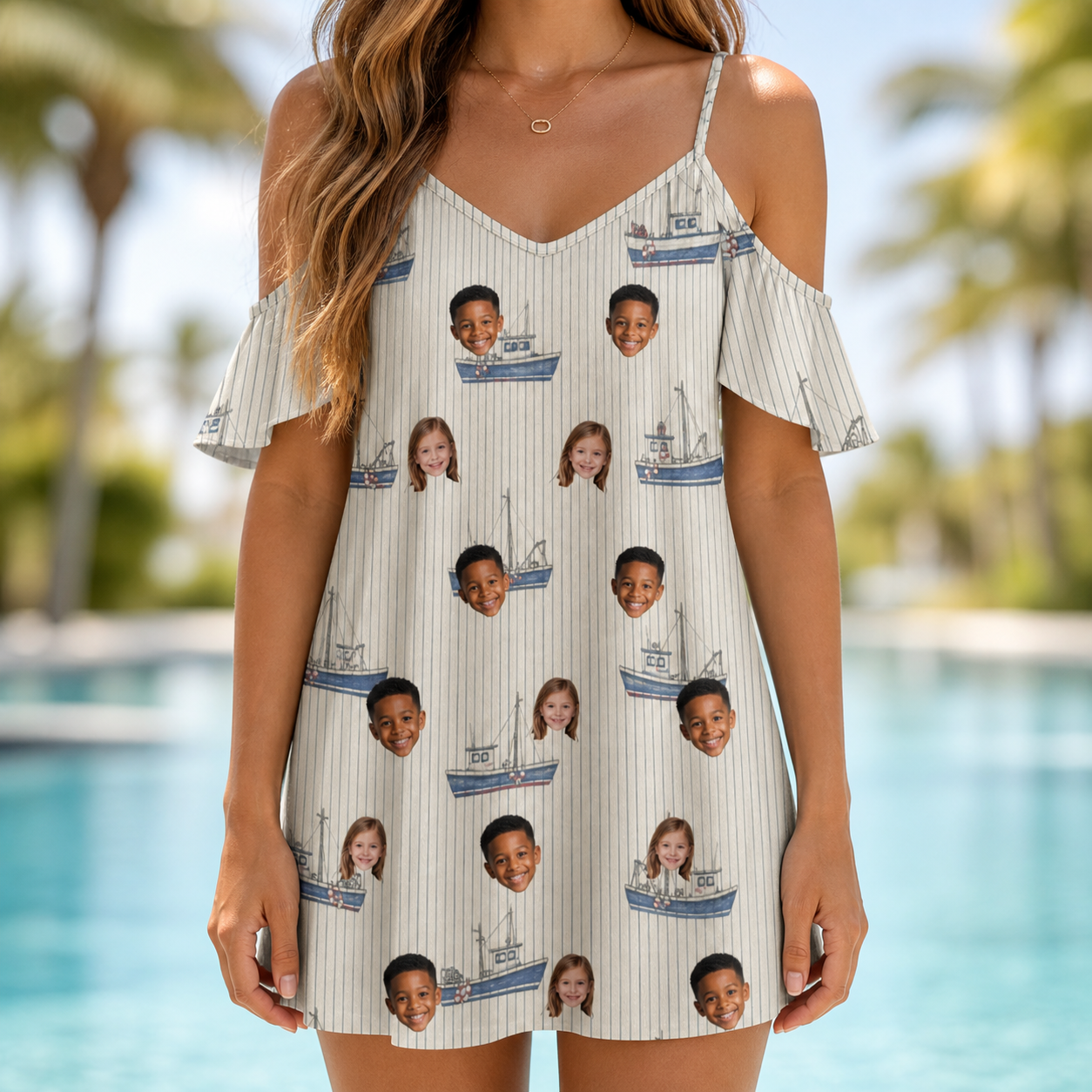 Model wearing Women's Dinghy Dash Custom Face Off-Shoulder Dress printed with kids' faces