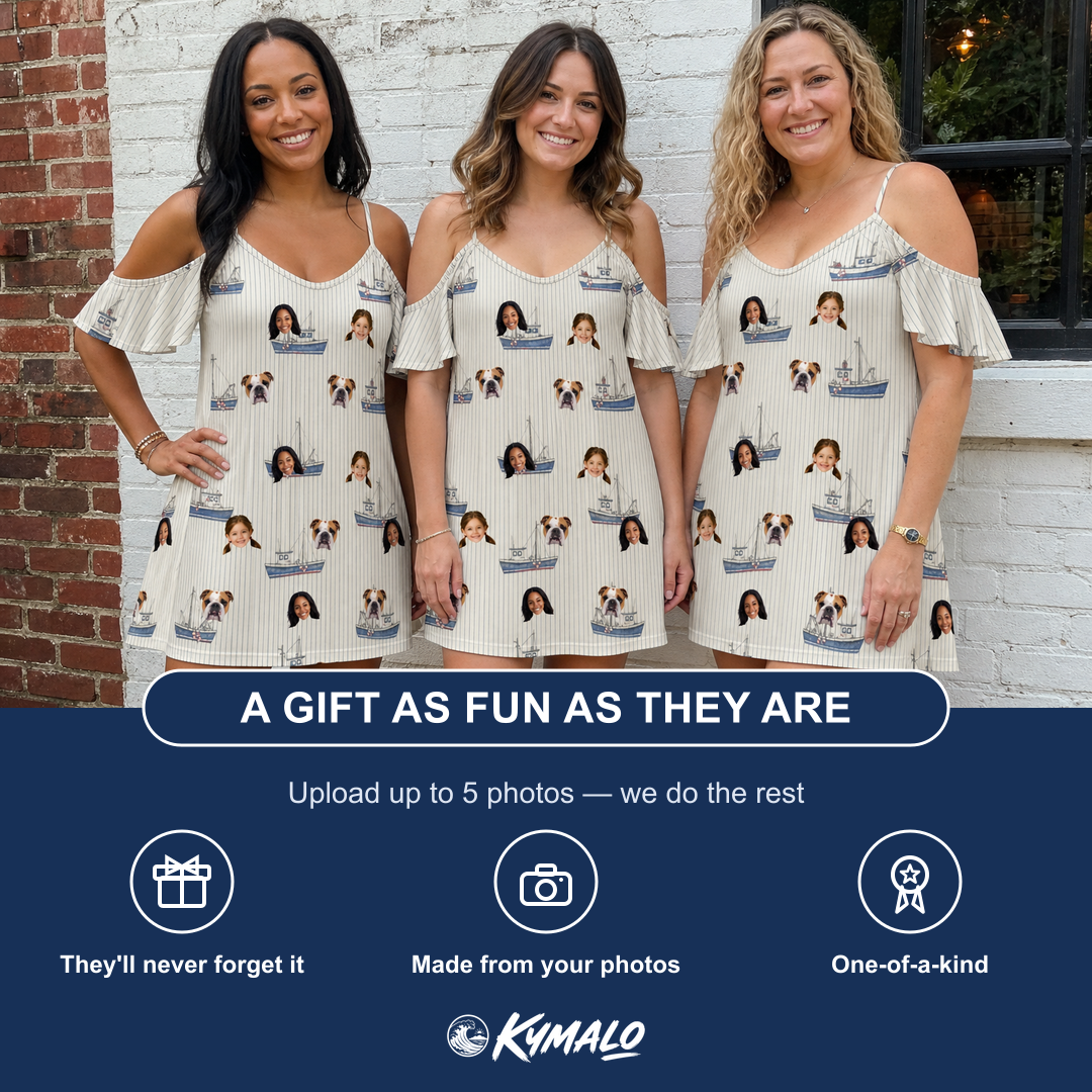 Friends in matching Women's Dinghy Dash Custom Face Off-Shoulder Dress — a group gift photo