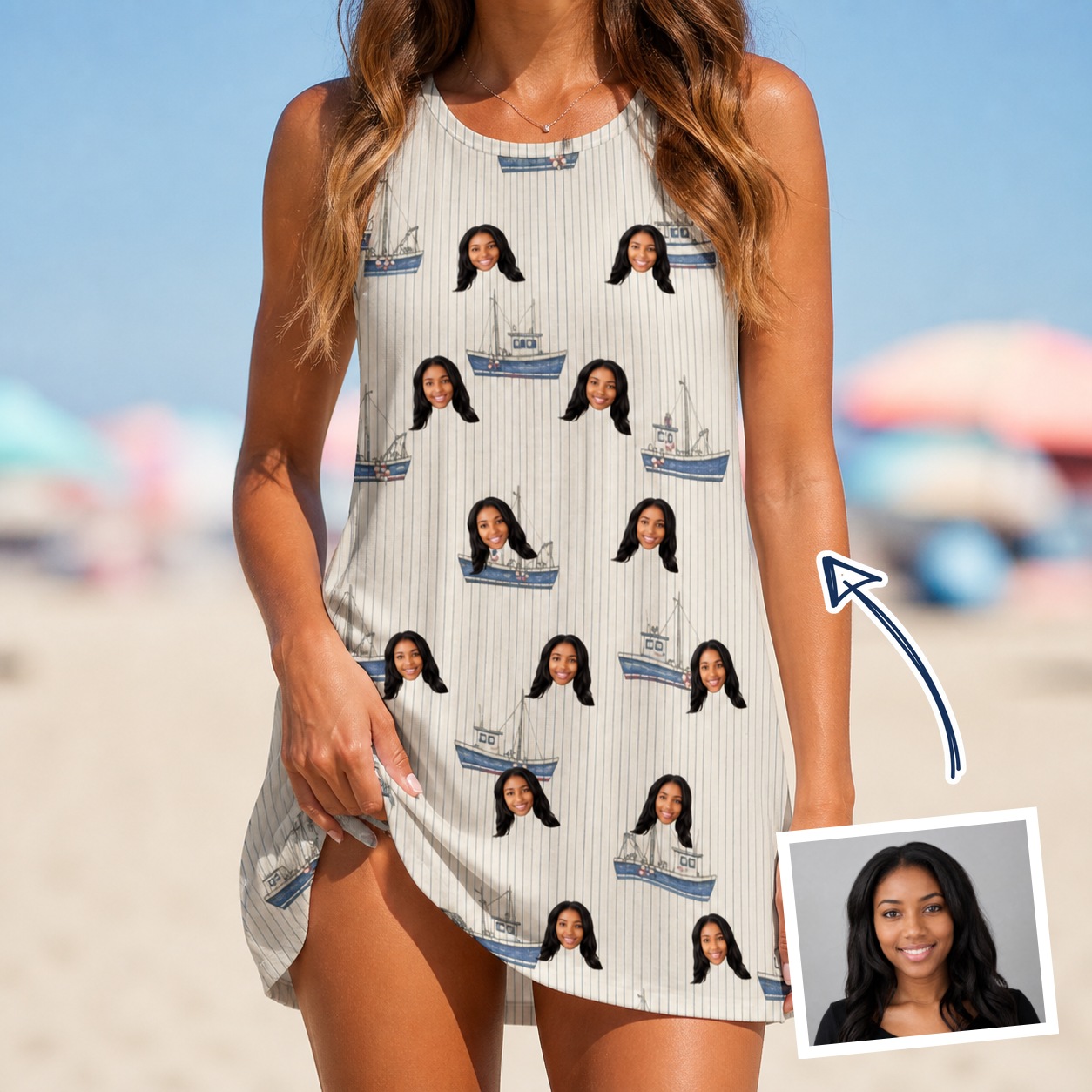 Woman wearing Women's Dinghy Dash Custom Face Tank Dress — custom faces printed all-over