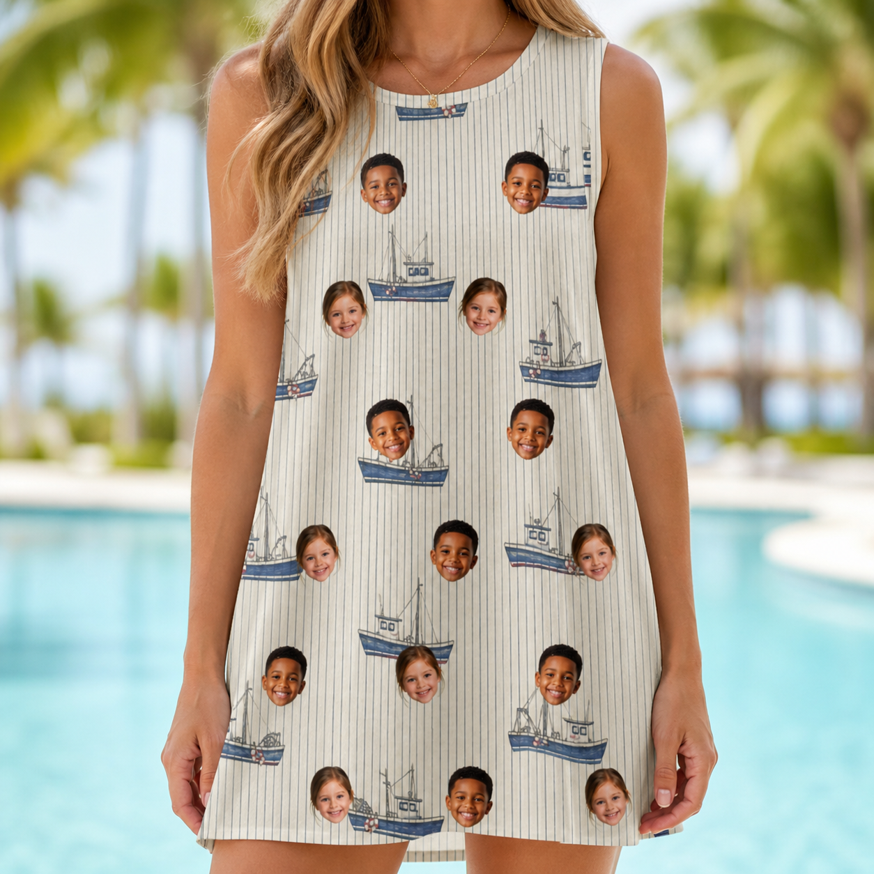 Model wearing Women's Dinghy Dash Custom Face Tank Dress printed with kids' faces