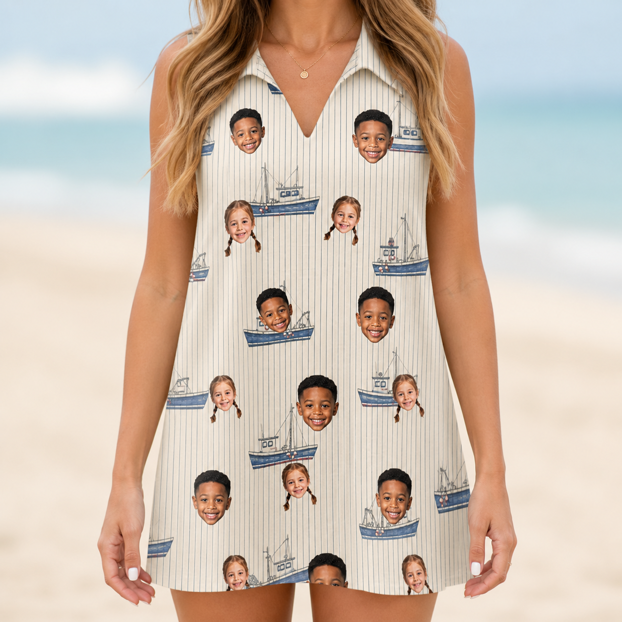 Model wearing Women's Dinghy Dash Custom Face V-Neck Dress printed with kids' faces