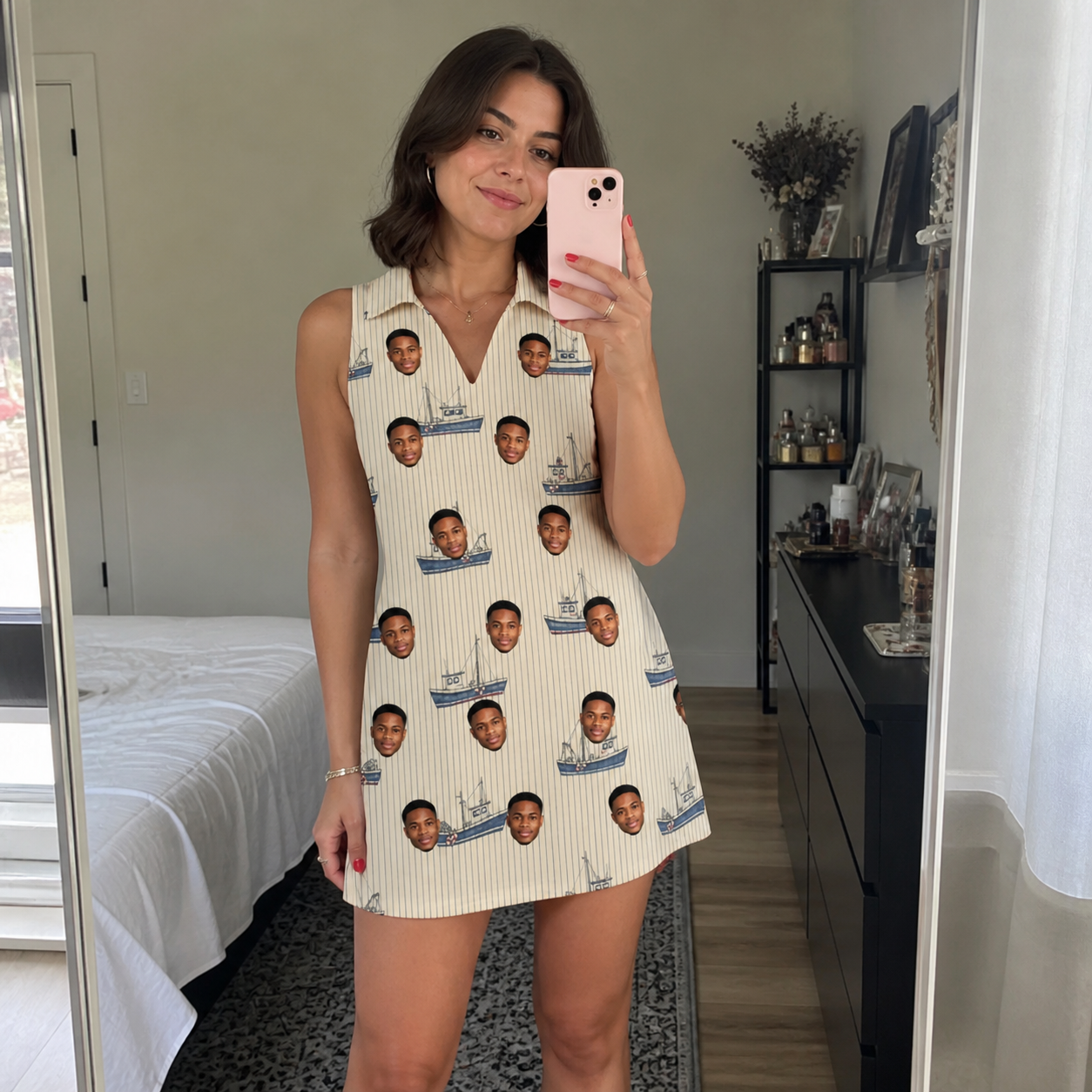 Real-life photo of someone wearing Women's Dinghy Dash Custom Face V-Neck Dress — custom faces printed all-over