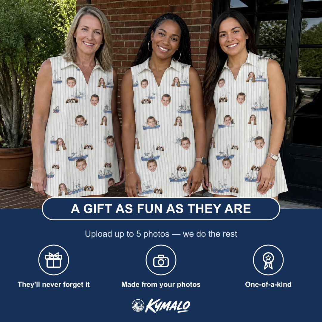 Friends in matching Women's Dinghy Dash Custom Face V-Neck Dress — a group gift photo