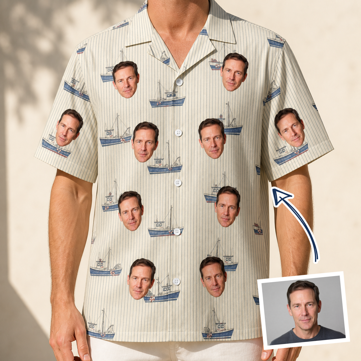 Man wearing Men's Dinghy Dash Custom Face Hawaiian Shirt — custom faces printed all-over