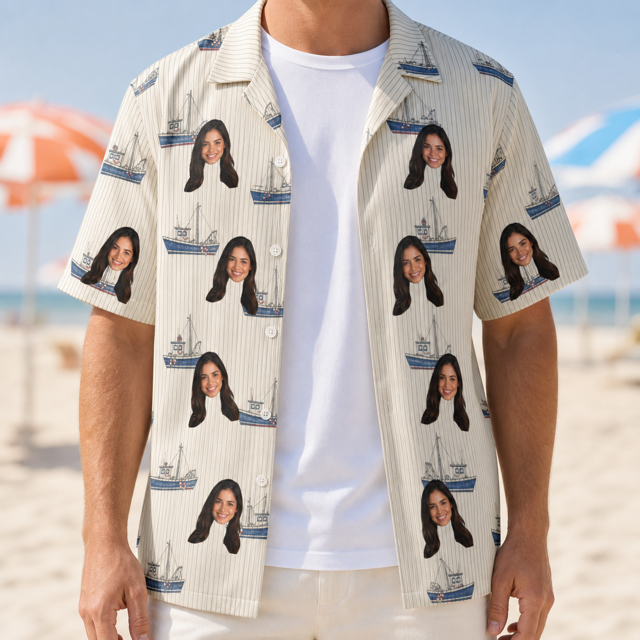 Man wearing Men's Dinghy Dash Custom Face Hawaiian Shirt open over a white tee