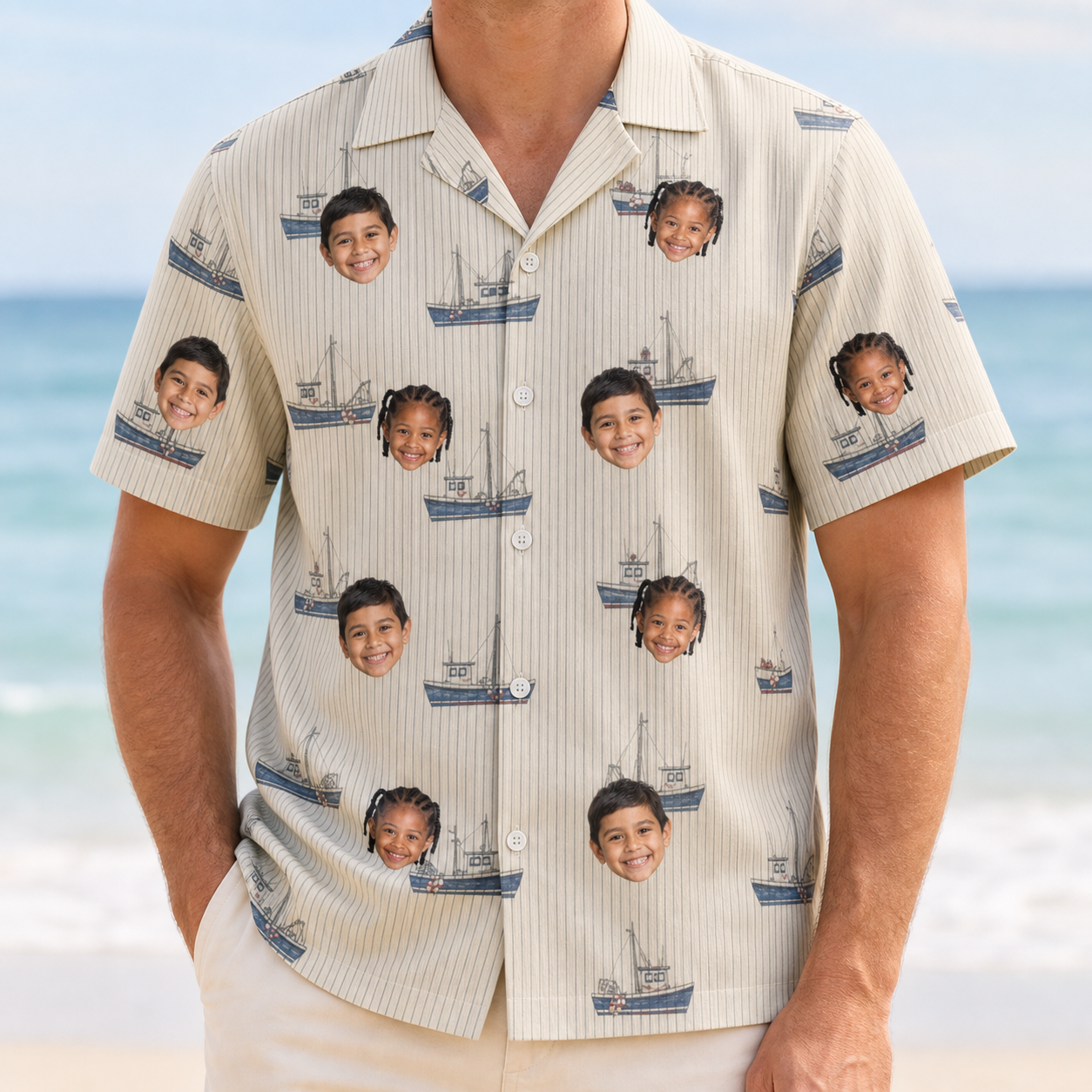 Model wearing Men's Dinghy Dash Custom Face Hawaiian Shirt printed with kids' faces