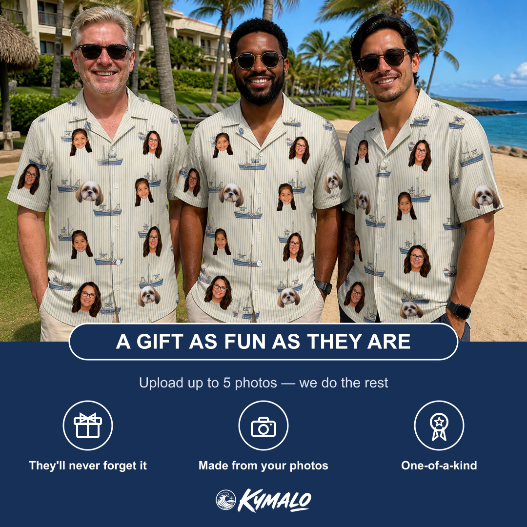 Friends in matching Men's Dinghy Dash Custom Face Hawaiian Shirt — a group gift photo