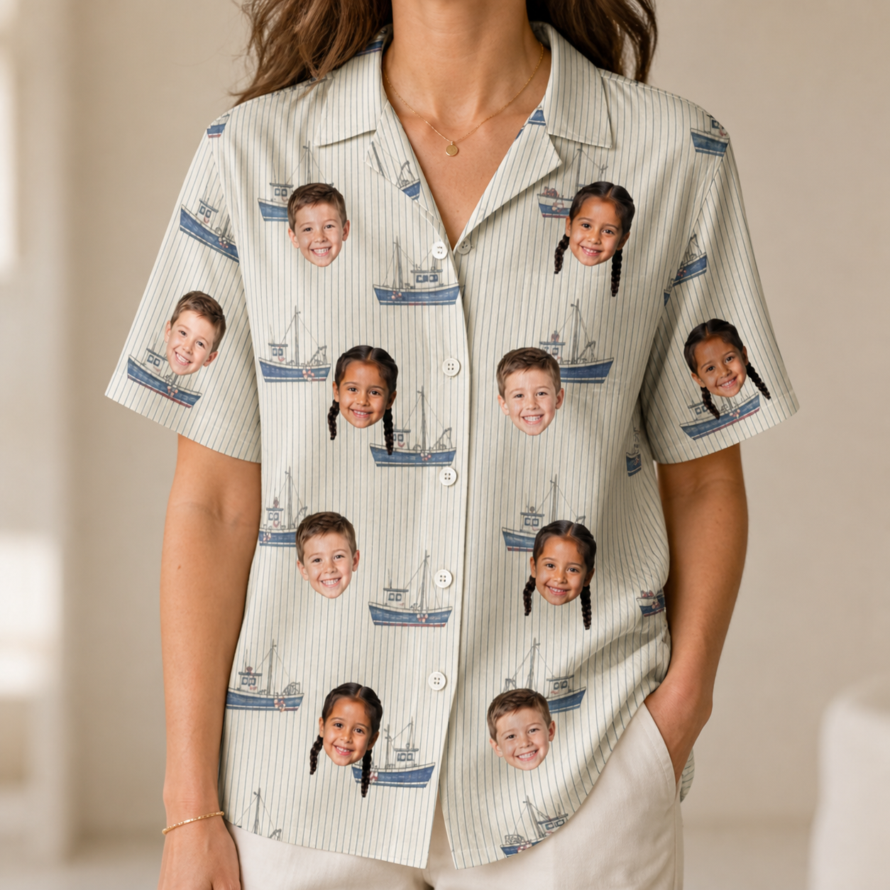 Model wearing Women's Dinghy Dash Custom Face Hawaiian Shirt printed with kids' faces