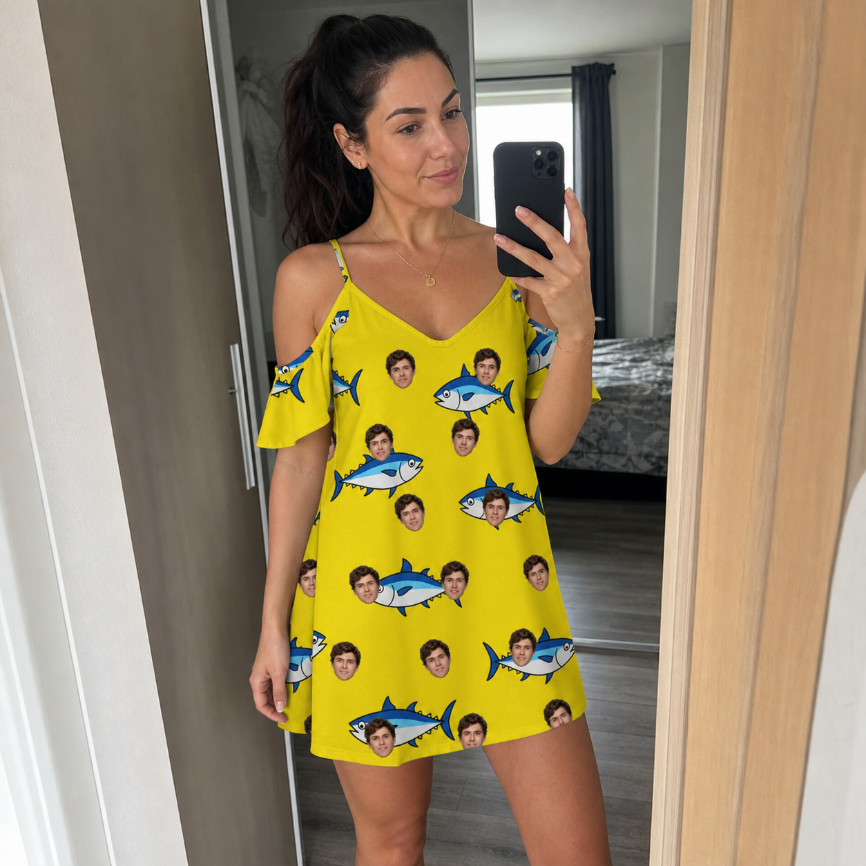 Real-life photo of someone wearing Women's Bluefin Banter Custom Face Off-Shoulder Dress — custom faces printed all-over