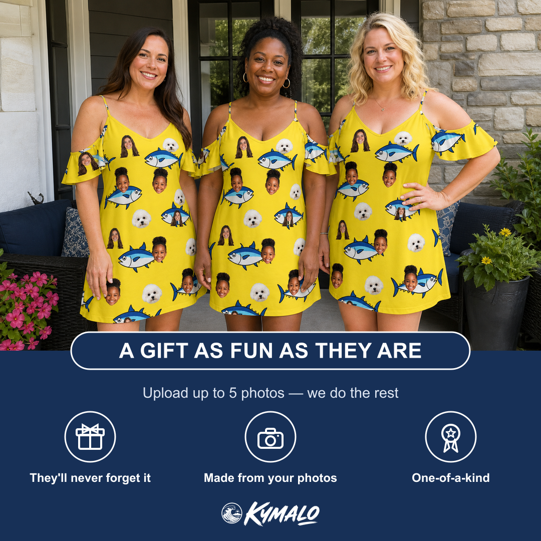 Friends in matching Women's Bluefin Banter Custom Face Off-Shoulder Dress — a group gift photo