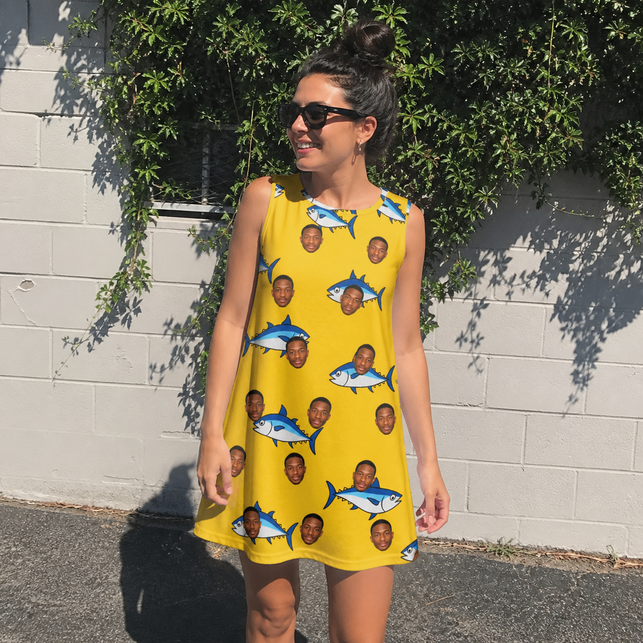 Real-life photo of someone wearing Women's Bluefin Banter Custom Face Tank Dress — custom faces printed all-over