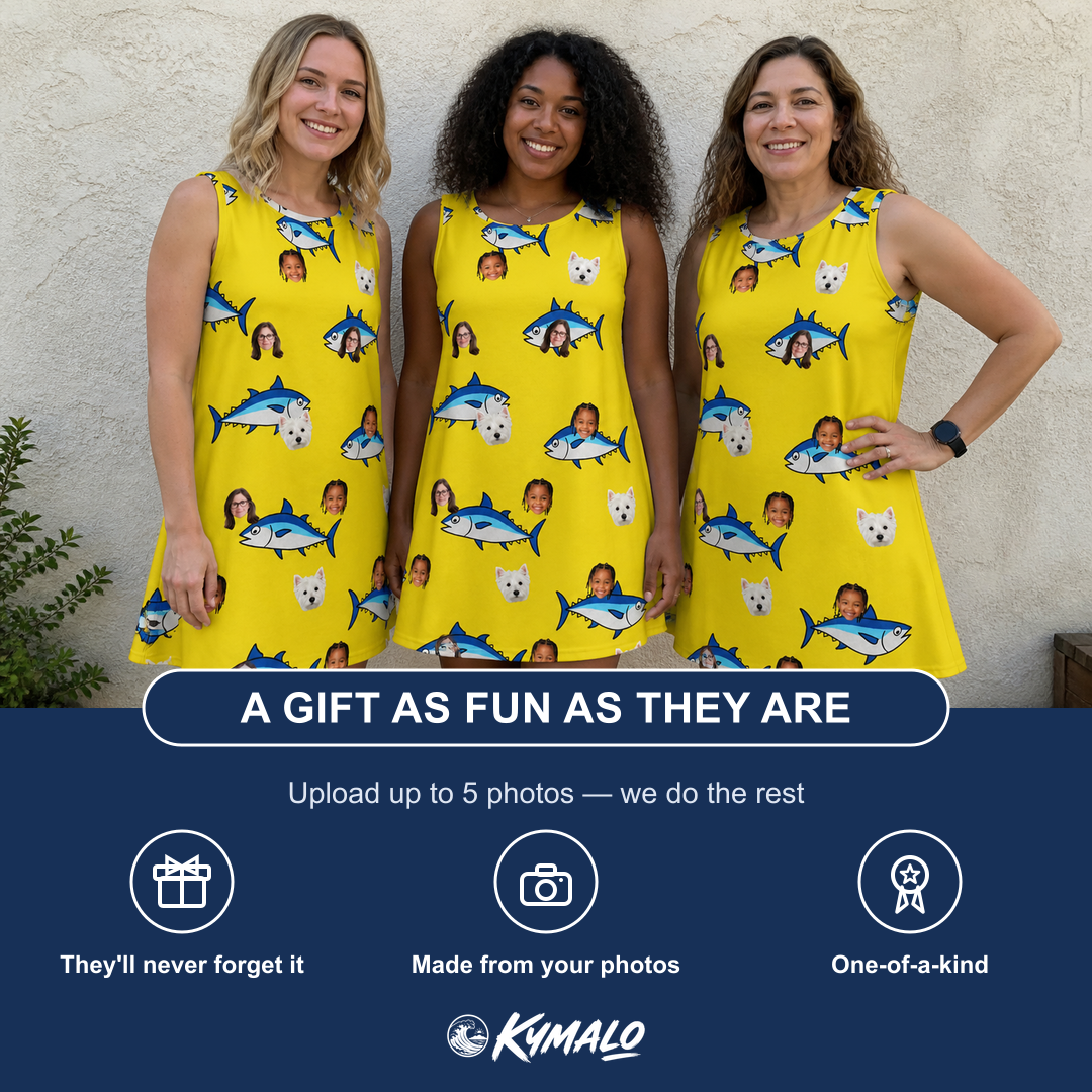 Friends in matching Women's Bluefin Banter Custom Face Tank Dress — a group gift photo