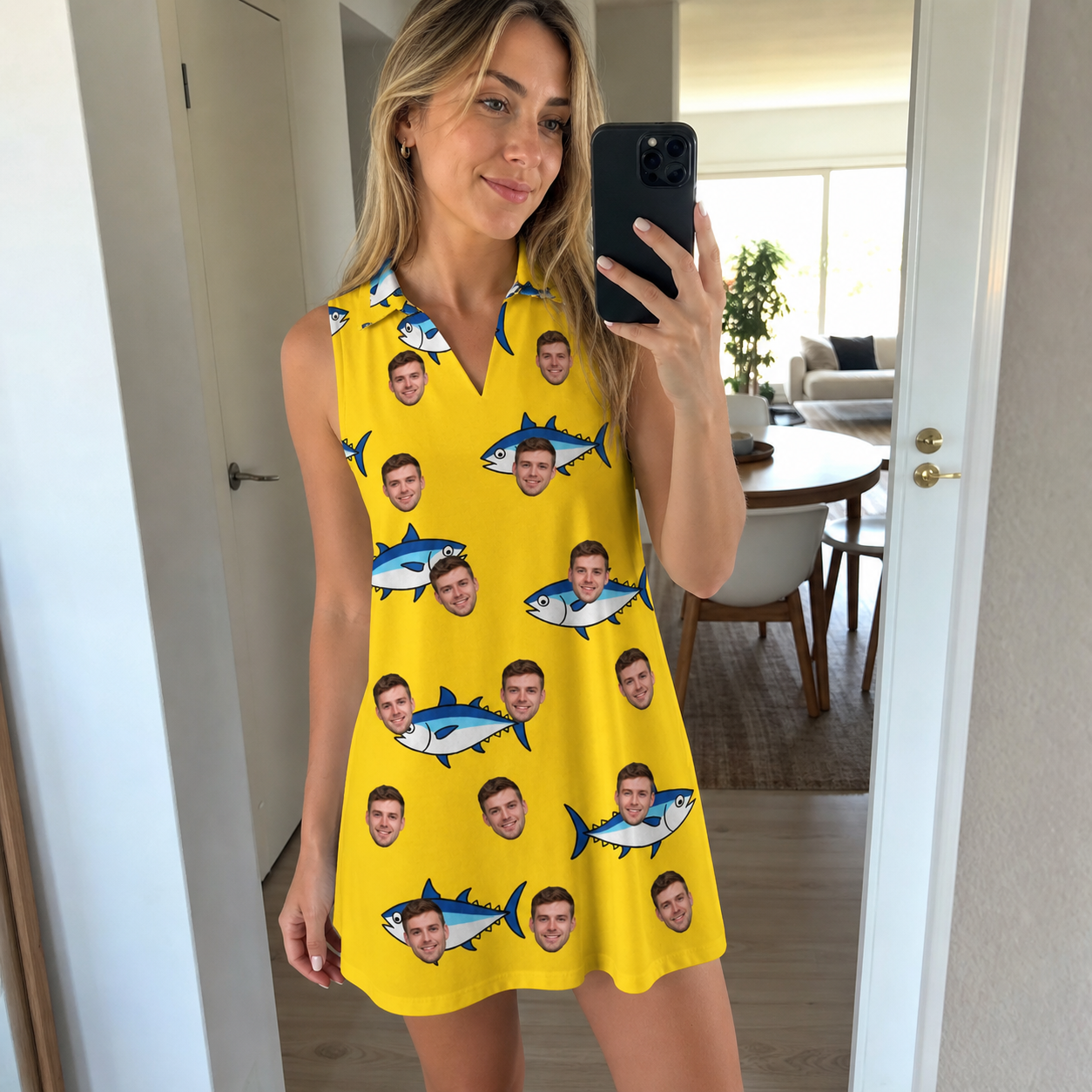 Real-life photo of someone wearing Women's Bluefin Banter Custom Face V-Neck Dress — custom faces printed all-over