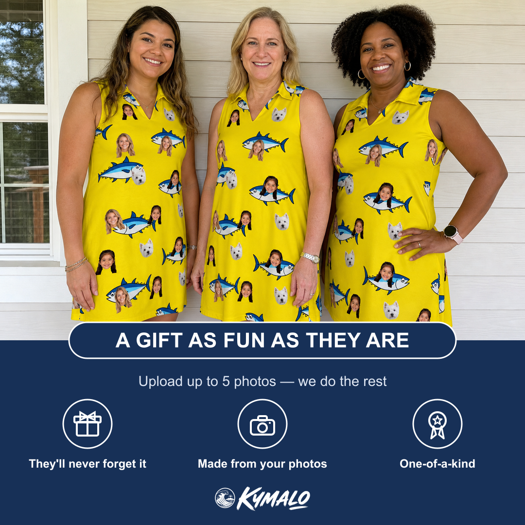 Friends in matching Women's Bluefin Banter Custom Face V-Neck Dress — a group gift photo