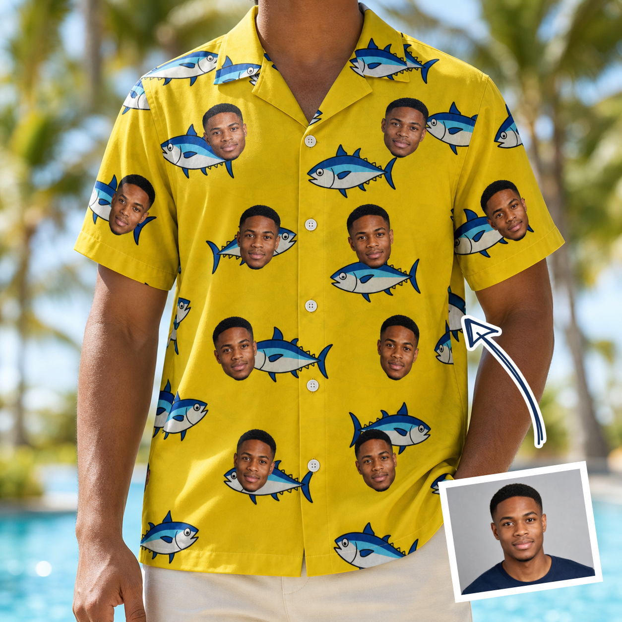 Man wearing Men's Bluefin Banter Custom Face Hawaiian Shirt — custom faces printed all-over