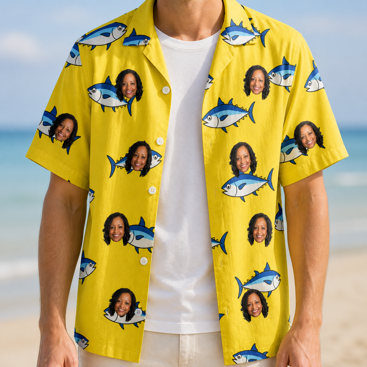 Man wearing Men's Bluefin Banter Custom Face Hawaiian Shirt open over a white tee