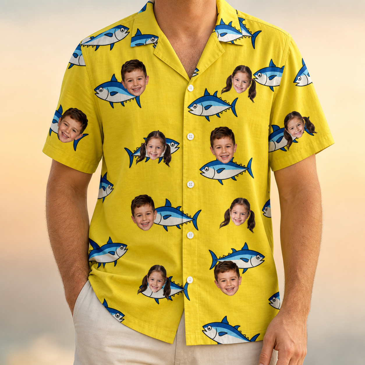 Model wearing Men's Bluefin Banter Custom Face Hawaiian Shirt printed with kids' faces