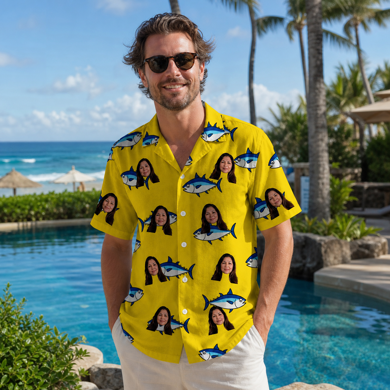 Real-life photo of someone wearing Men's Bluefin Banter Custom Face Hawaiian Shirt — custom faces printed all-over