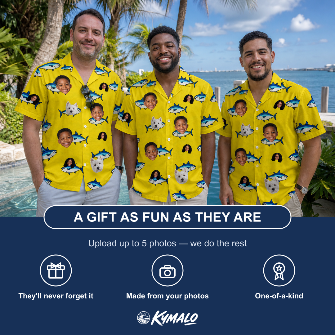 Friends in matching Men's Bluefin Banter Custom Face Hawaiian Shirt — a group gift photo
