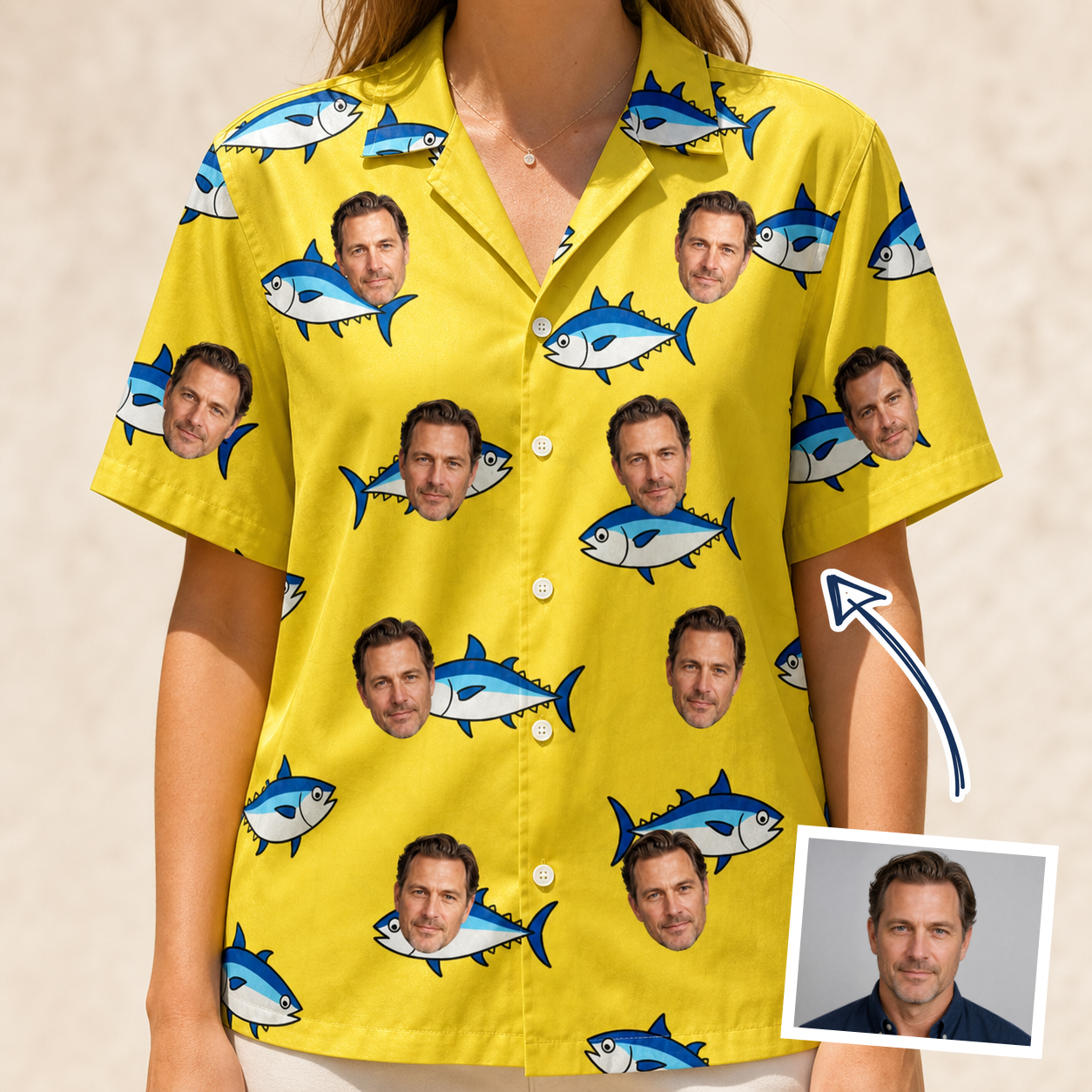 Woman wearing Women's Bluefin Banter Custom Face Hawaiian Shirt — custom faces printed all-over