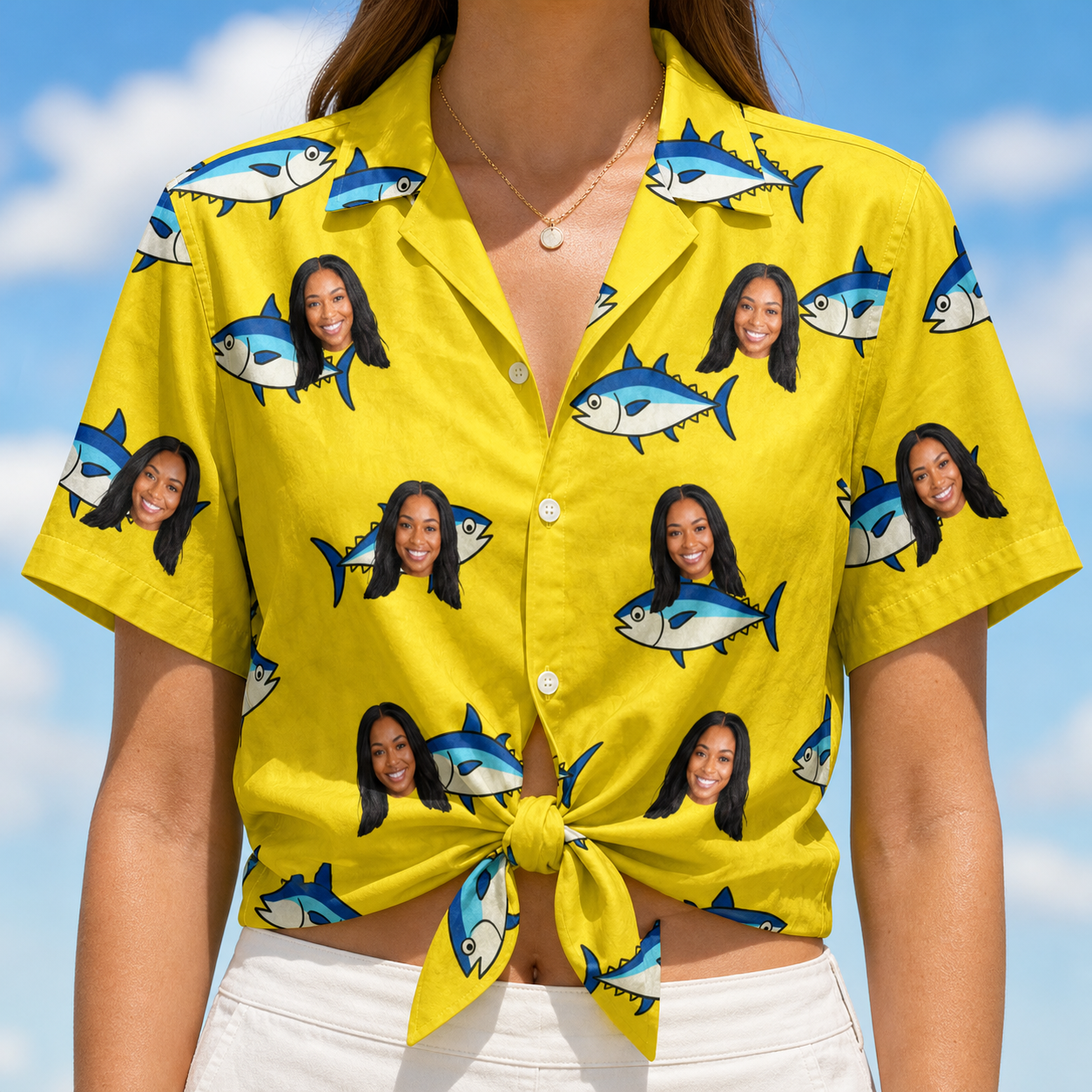 Woman wearing Women's Bluefin Banter Custom Face Hawaiian Shirt tied at the waist