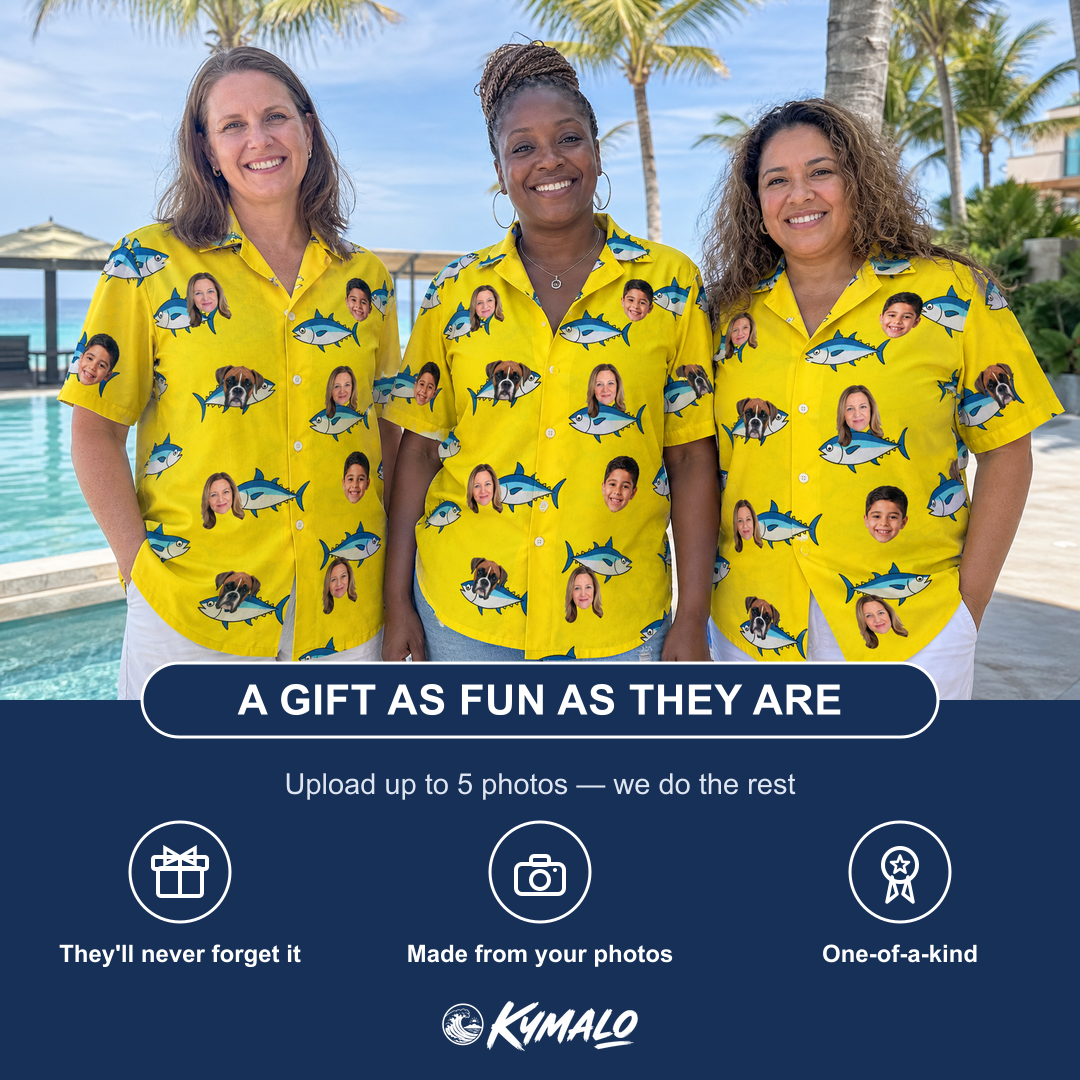 Friends in matching Women's Bluefin Banter Custom Face Hawaiian Shirt — a group gift photo