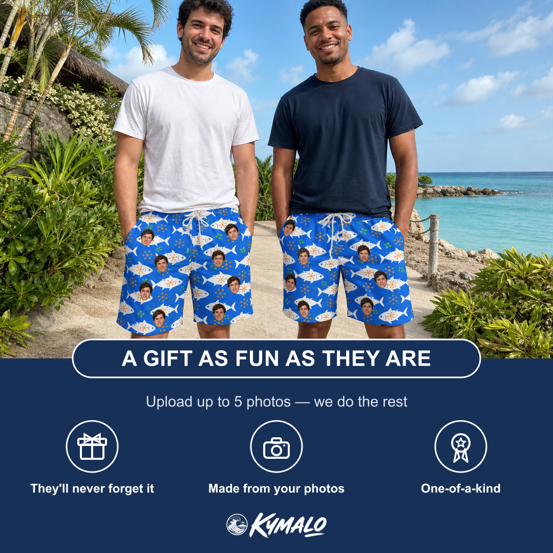 Friends in matching Men's Tuna Trawl Custom Face Beach Shorts — a group gift photo