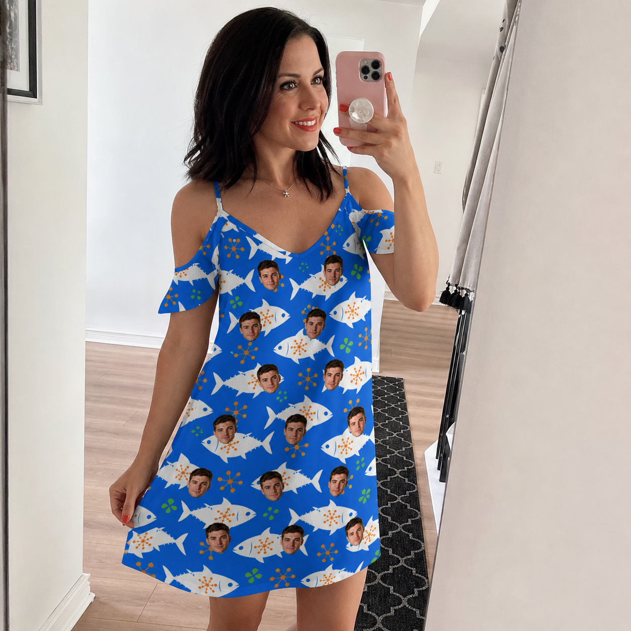 Real-life photo of someone wearing Women's Tuna Trawl Custom Face Off-Shoulder Dress — custom faces printed all-over