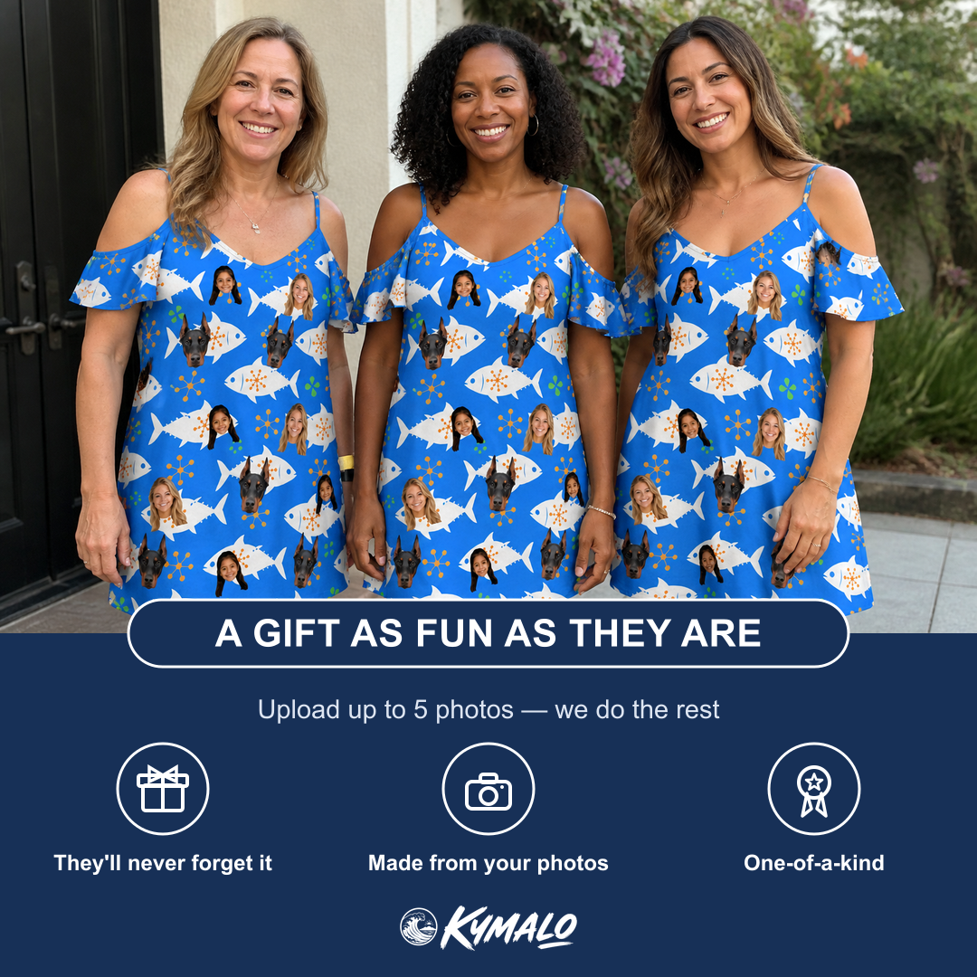 Friends in matching Women's Tuna Trawl Custom Face Off-Shoulder Dress — a group gift photo