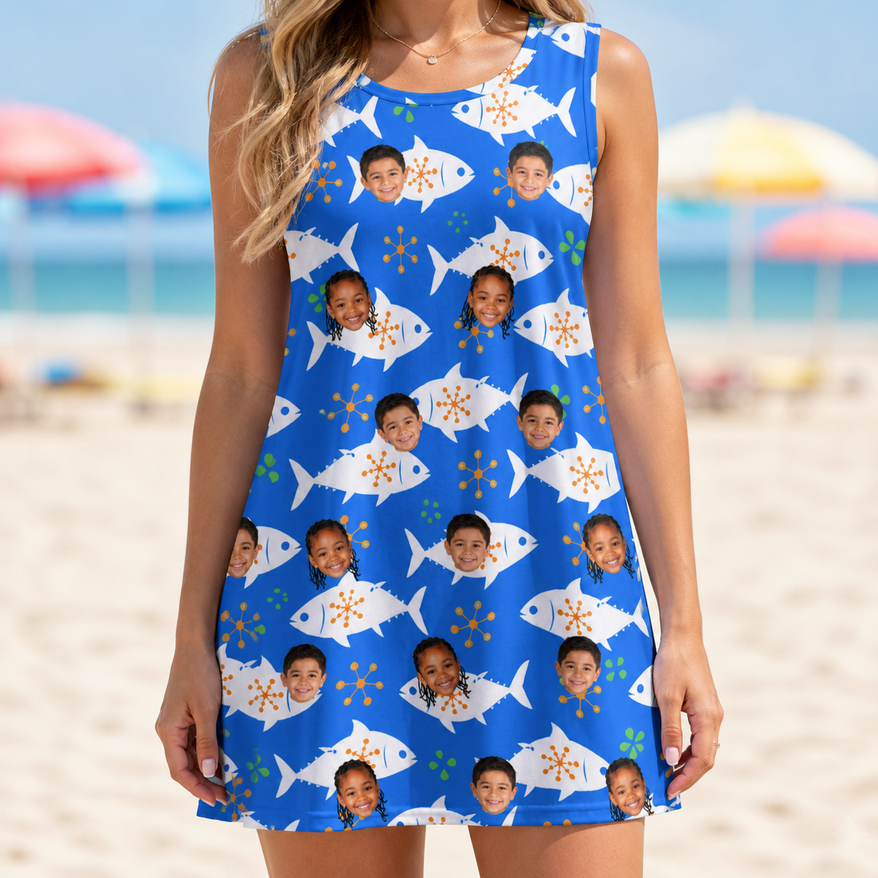 Model wearing Women's Tuna Trawl Custom Face Tank Dress printed with kids' faces