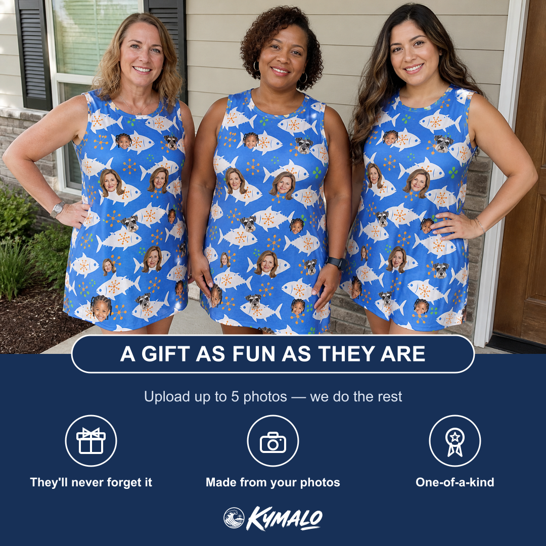 Friends in matching Women's Tuna Trawl Custom Face Tank Dress — a group gift photo
