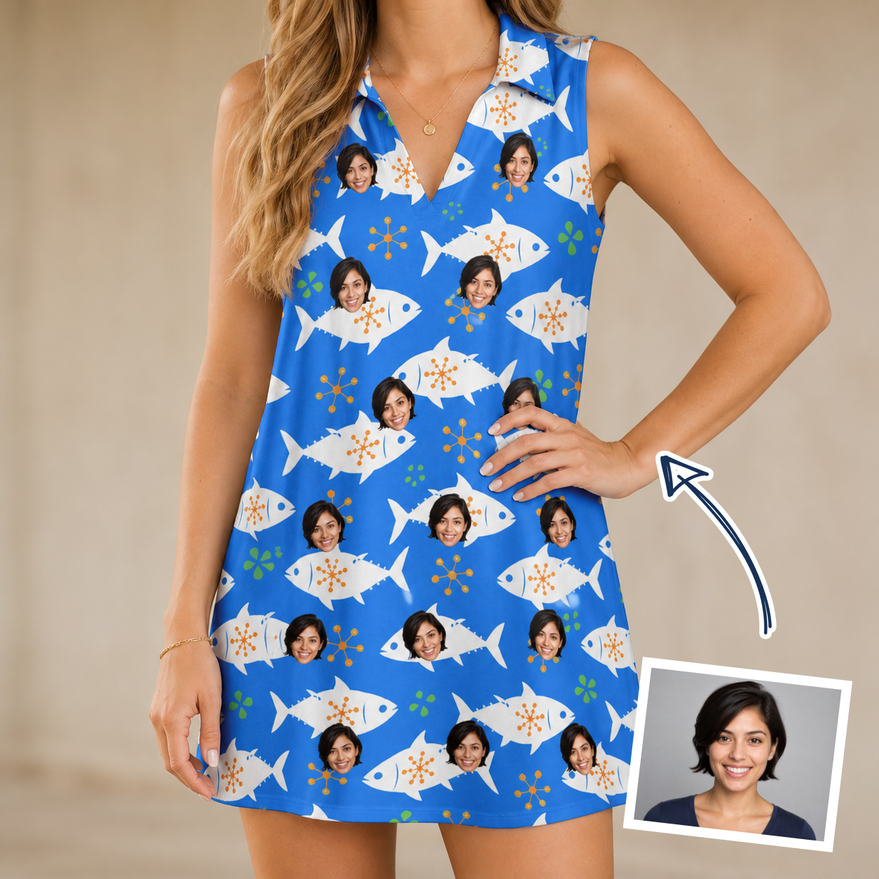 Woman wearing Women's Tuna Trawl Custom Face V-Neck Dress — custom faces printed all-over
