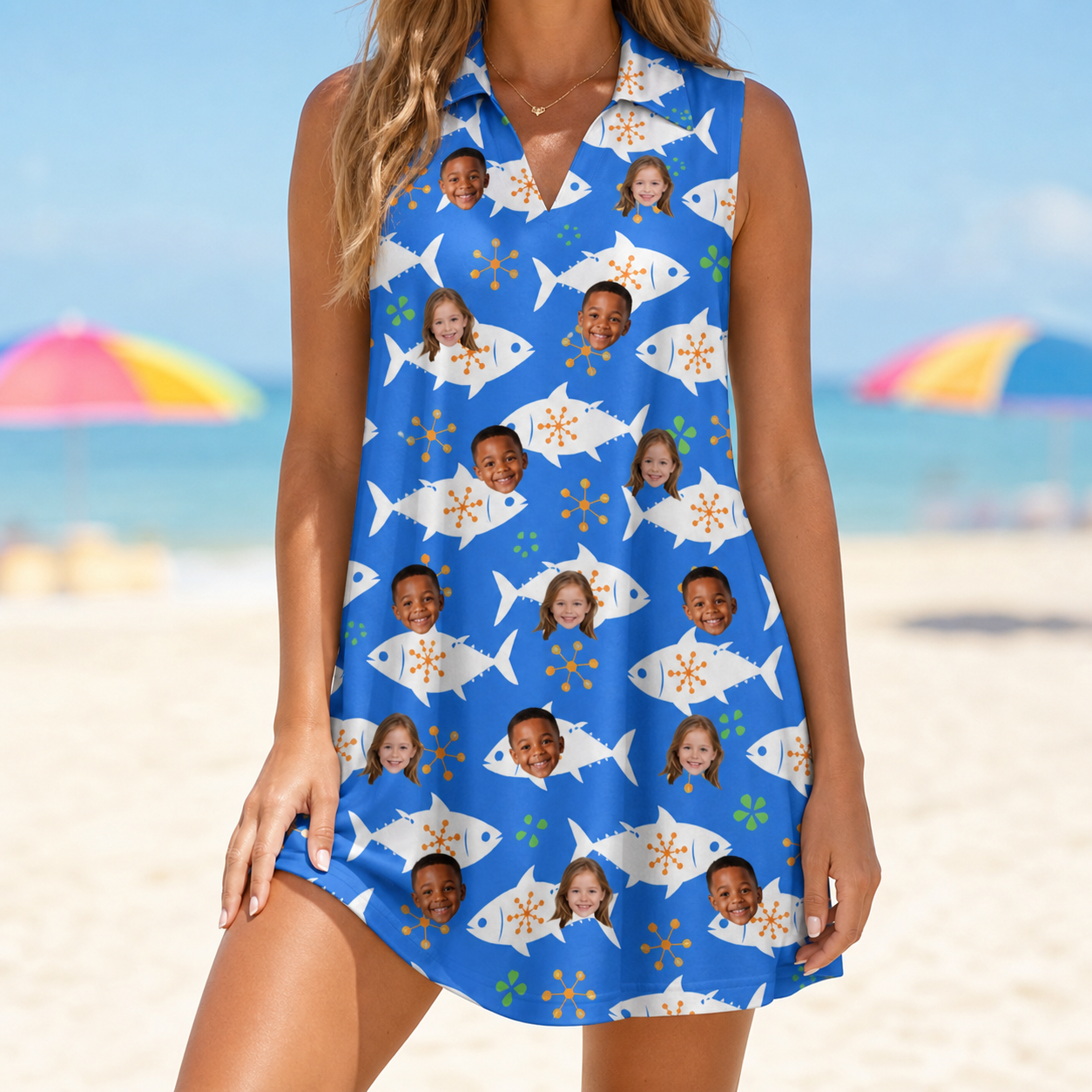 Model wearing Women's Tuna Trawl Custom Face V-Neck Dress printed with kids' faces