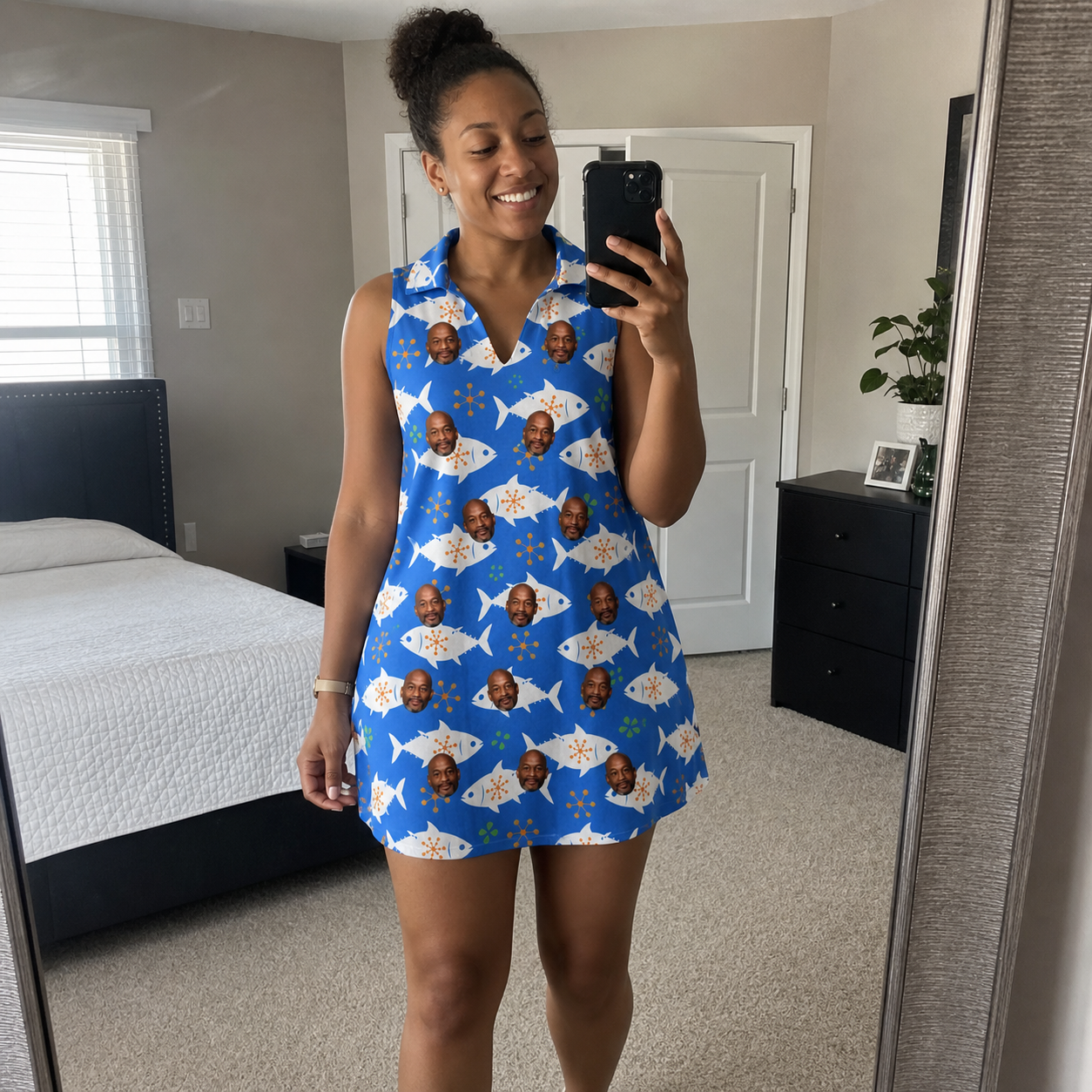 Real-life photo of someone wearing Women's Tuna Trawl Custom Face V-Neck Dress — custom faces printed all-over