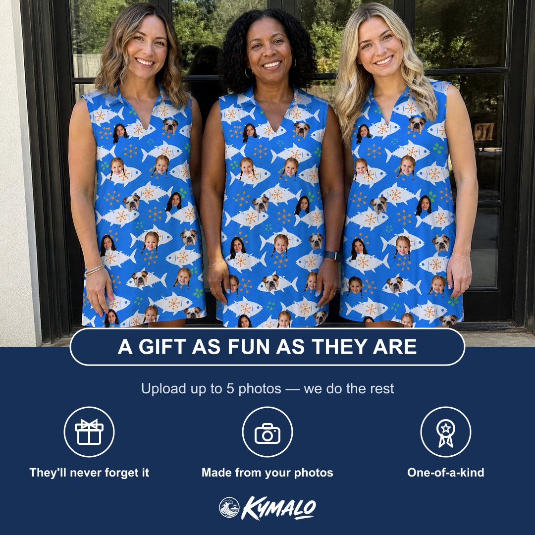 Friends in matching Women's Tuna Trawl Custom Face V-Neck Dress — a group gift photo