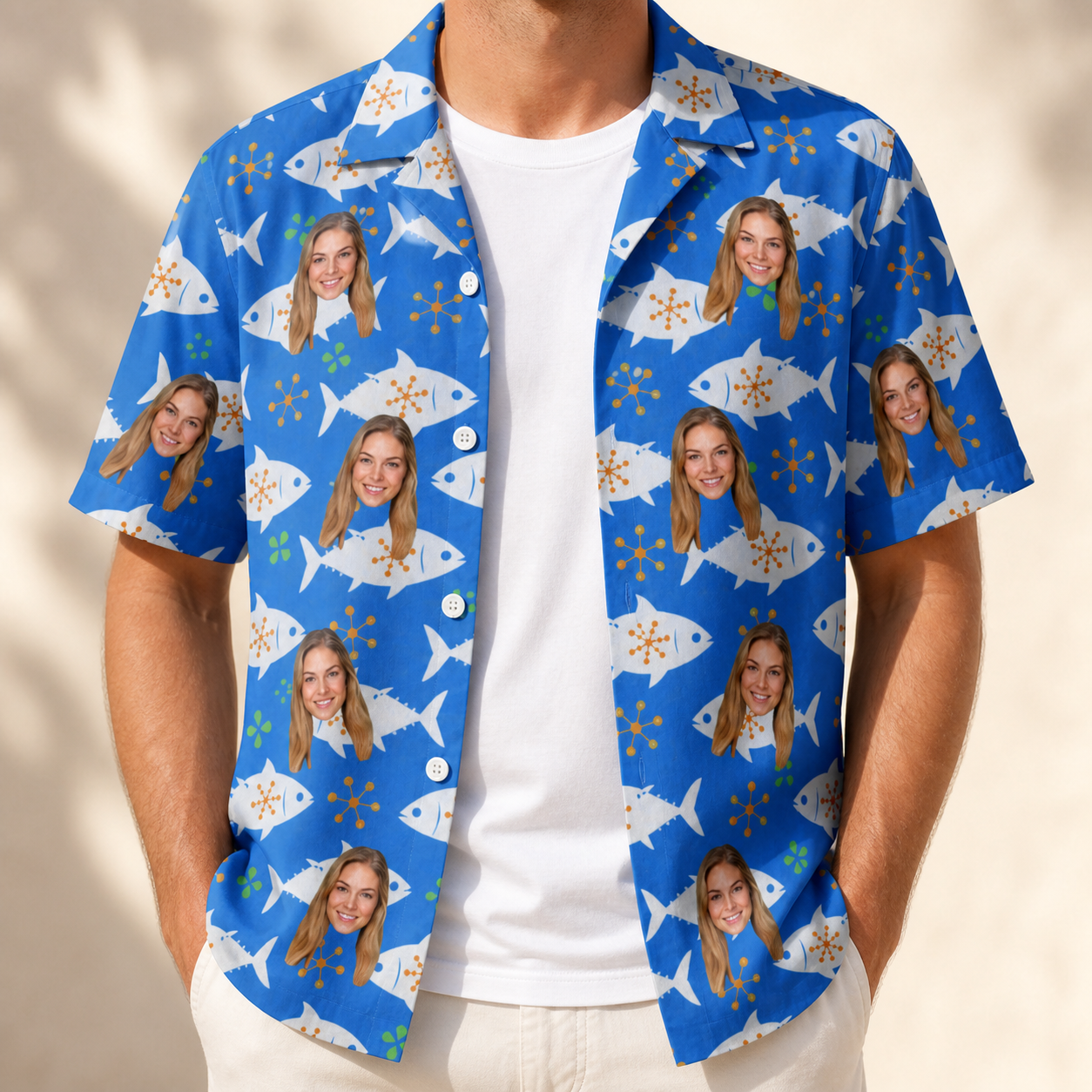 Man wearing Men's Tuna Trawl Custom Face Hawaiian Shirt open over a white tee