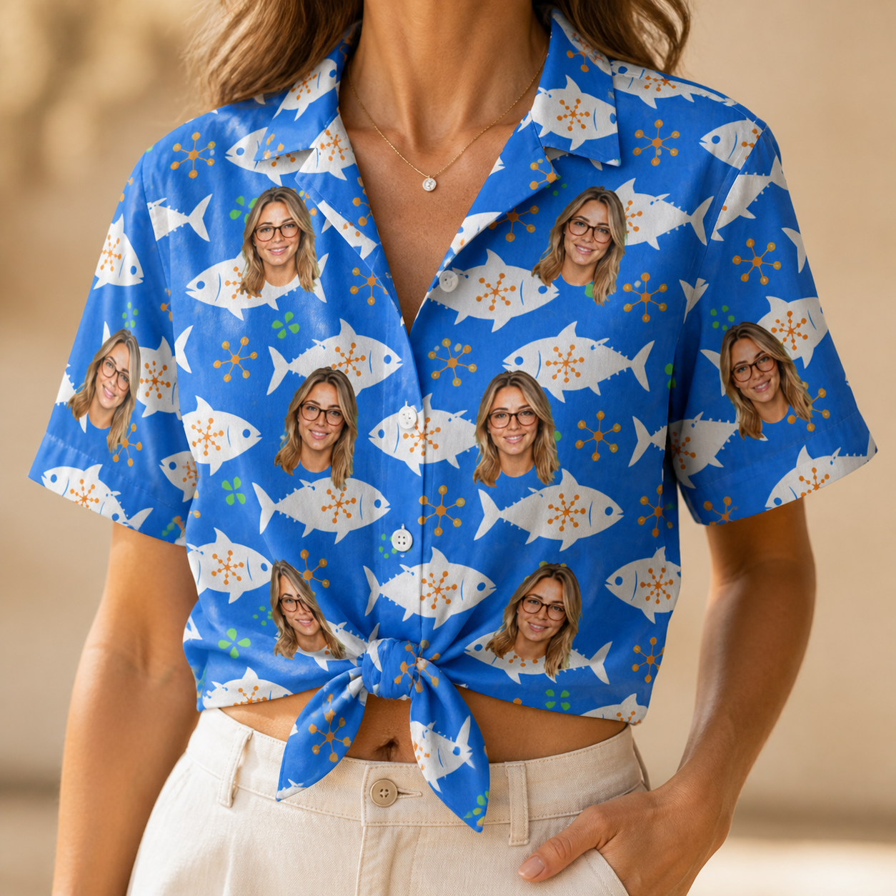 Woman wearing Women's Tuna Trawl Custom Face Hawaiian Shirt tied at the waist