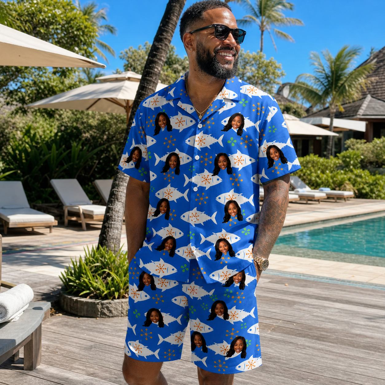 Real-life photo of someone wearing Men's Tuna Trawl Custom Face Shirt & Shorts Set — custom faces printed all-over