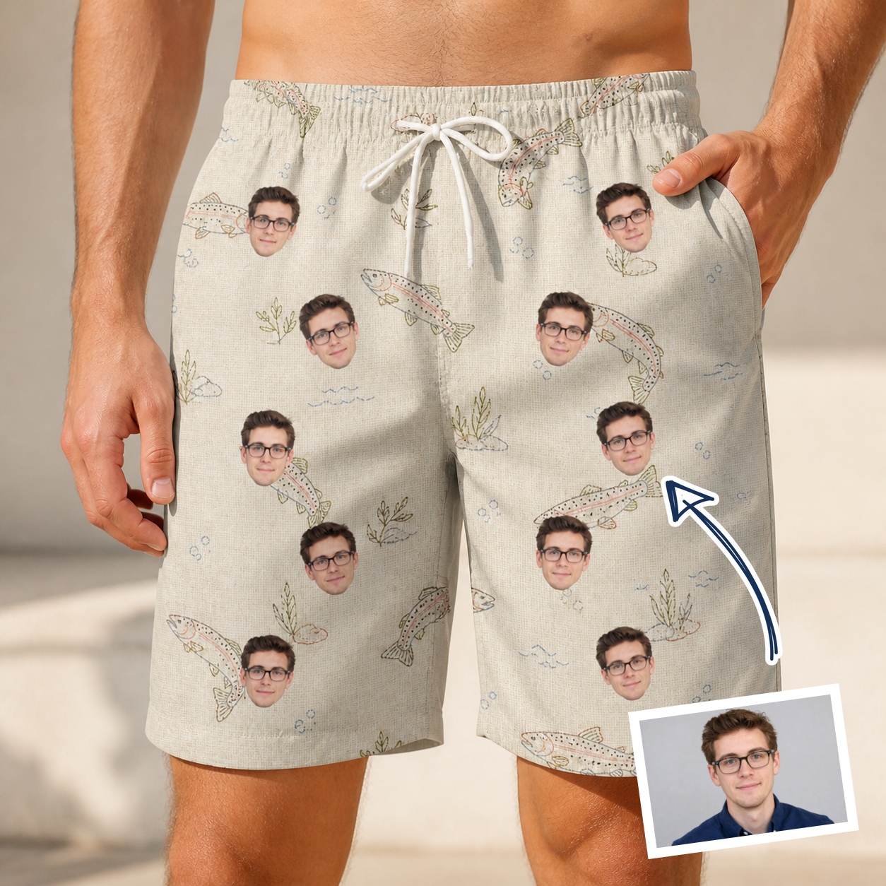 Man wearing Men's Creek Chic Custom Face Beach Shorts — custom faces printed all-over