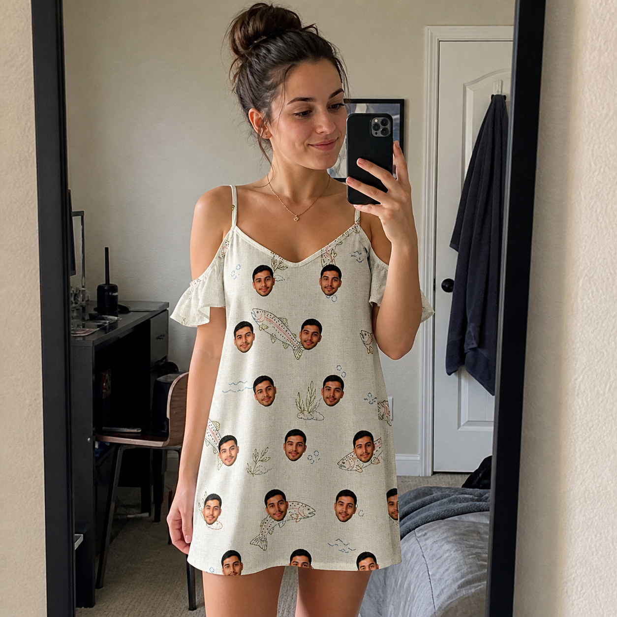 Real-life photo of someone wearing Women's Creek Chic Custom Face Off-Shoulder Dress — custom faces printed all-over