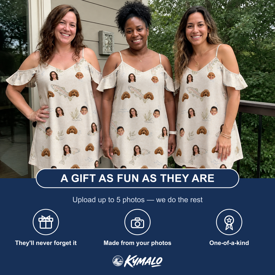 Friends in matching Women's Creek Chic Custom Face Off-Shoulder Dress — a group gift photo